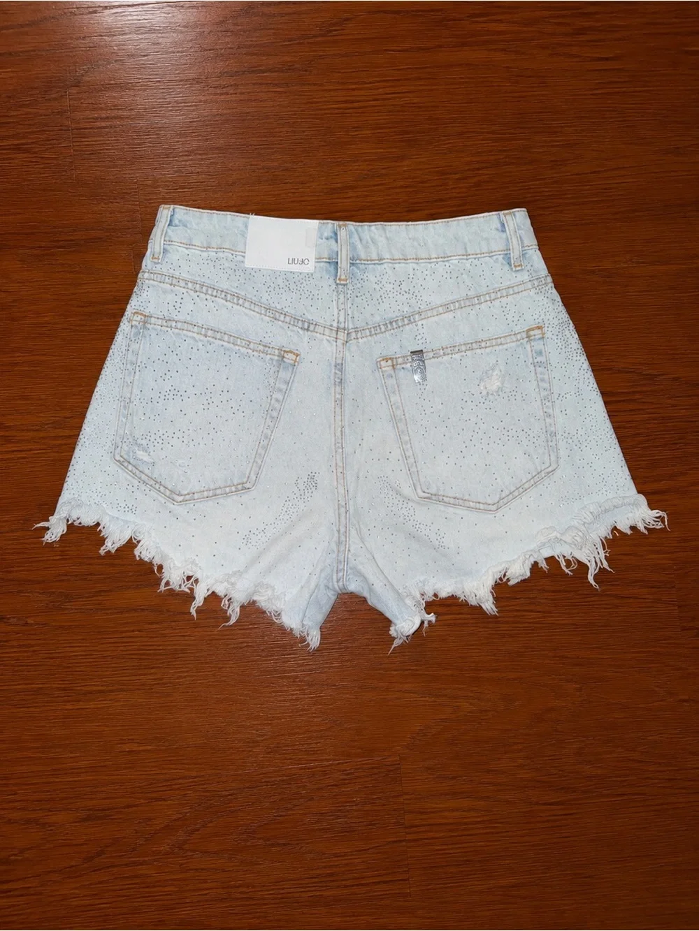 Liu Jo Light Blue Distressed Denim Shorts with Rhinestone Accents Sz 8 NWOT